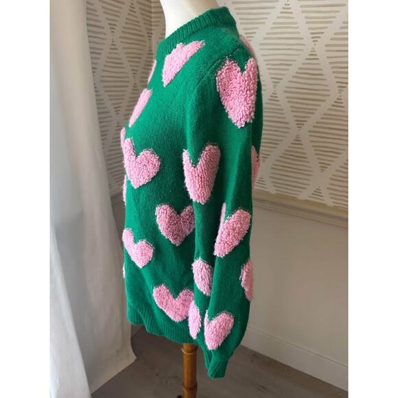 Pink Lily Women’s Small Green and Pink Heart Fuzzy Sweater - Picture 4 of 8